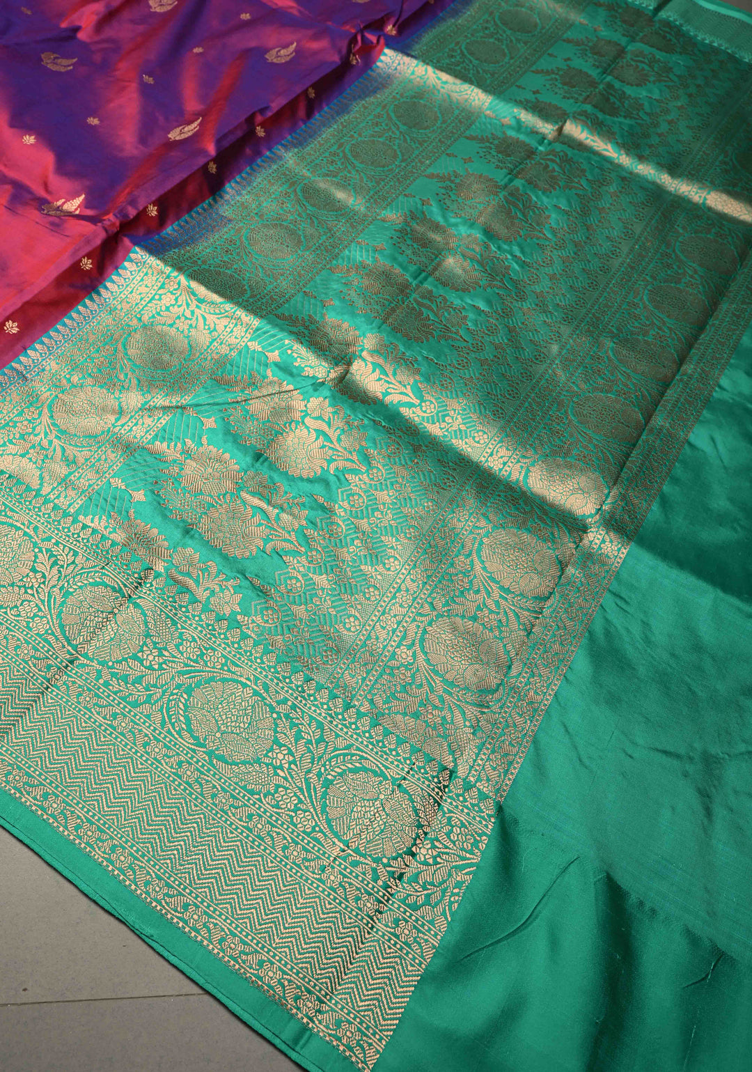 Red-Purple Dual Tone Banarasi Katan Silk Saree with Floral Zari Buttas and Contrast Zari Border | SILK MARK CERTIFIED | SHOBITAM