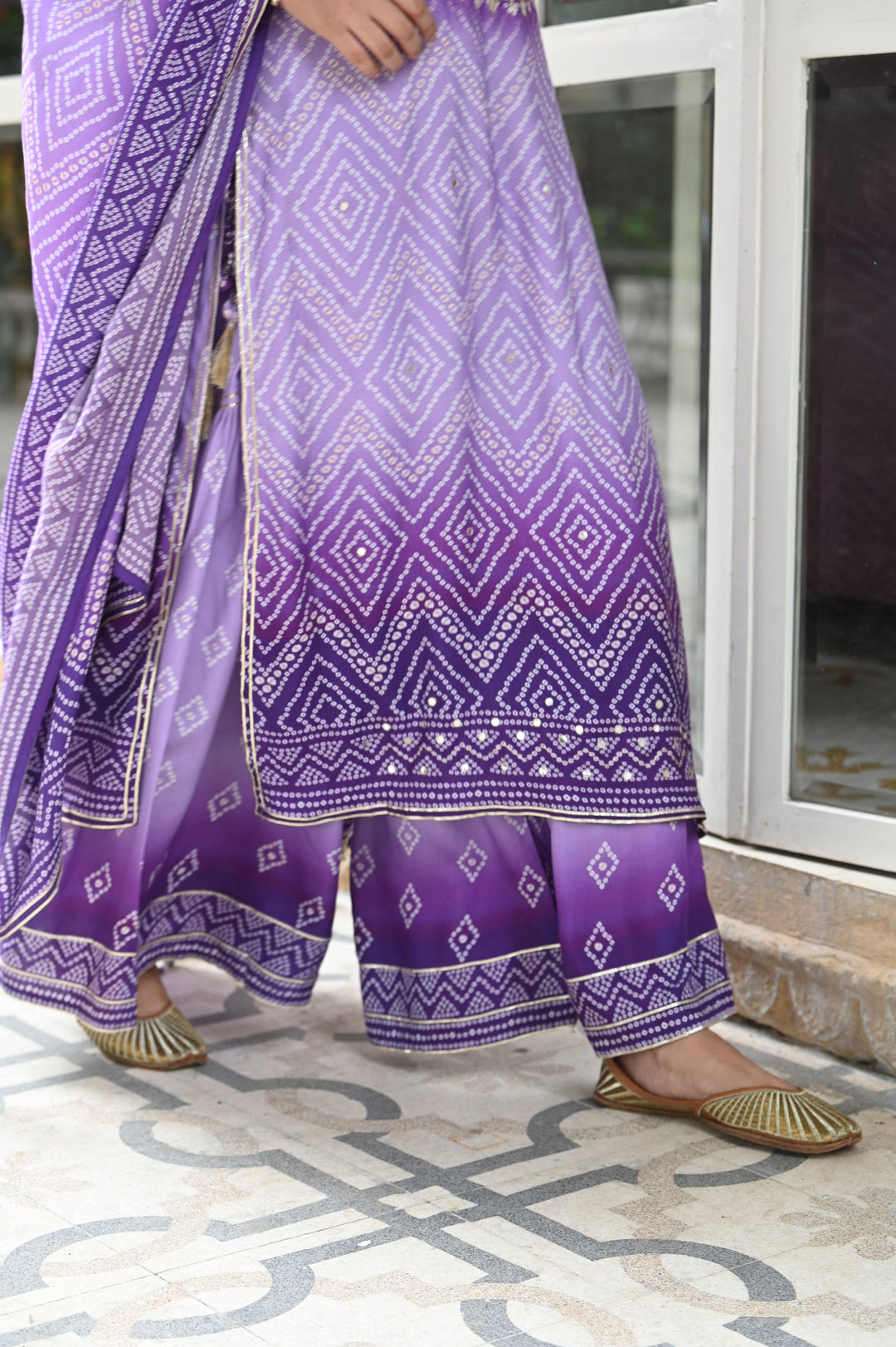 Lilac Shehzadi Bandhini Muslin Suit Set - SET OF-3 | SHOBITAM