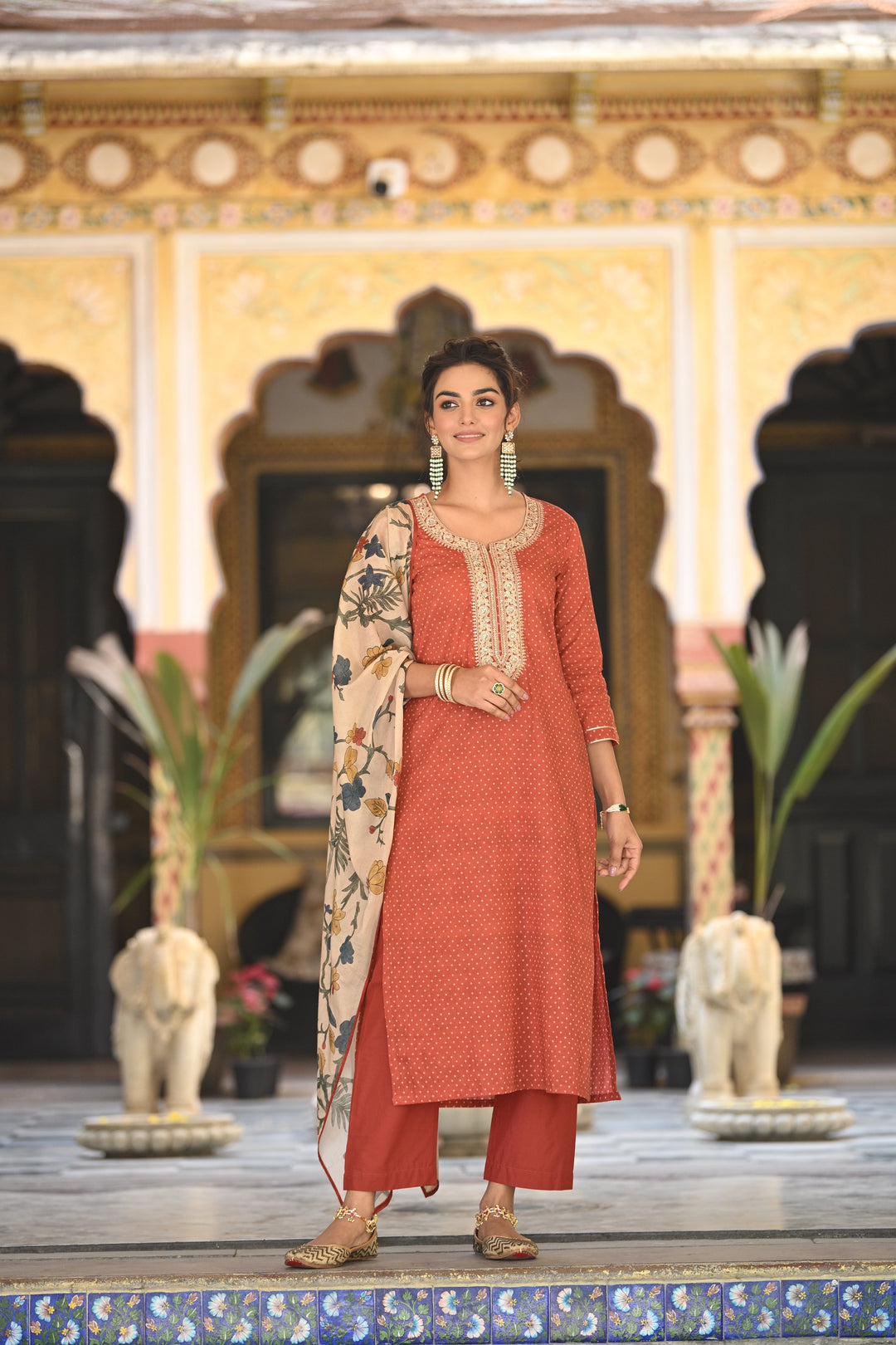 Izra Kalamkari Dupatta with Tari Sequence and Marodi Work on Neck Cotton Suit Set- SET OF-3 | SHOBITAM