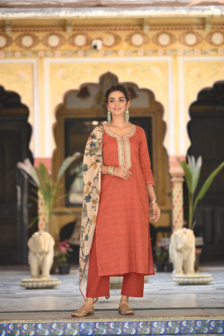 Izra Kalamkari Dupatta with Tari Sequence and Marodi Work on Neck Cotton Suit Set- SET OF-3 | SHOBITAM