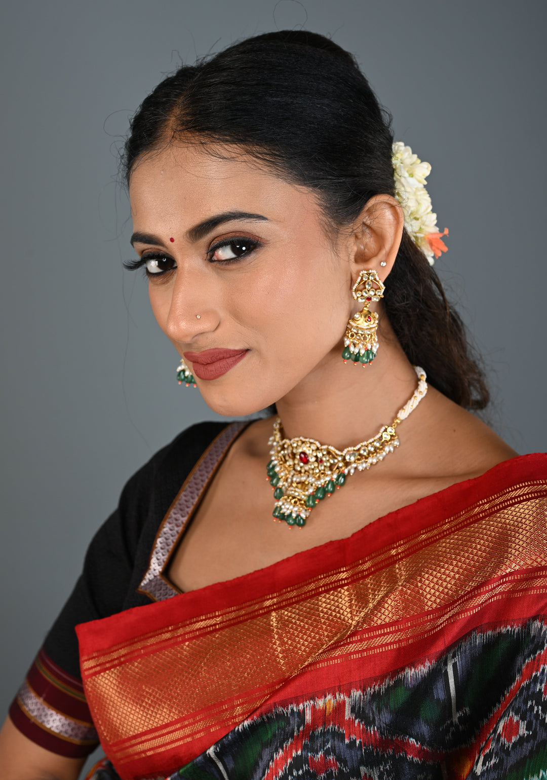 Ahmedabadi kundan multistrand necklace set with Floral Pendant and sage green dangling beads and pearls