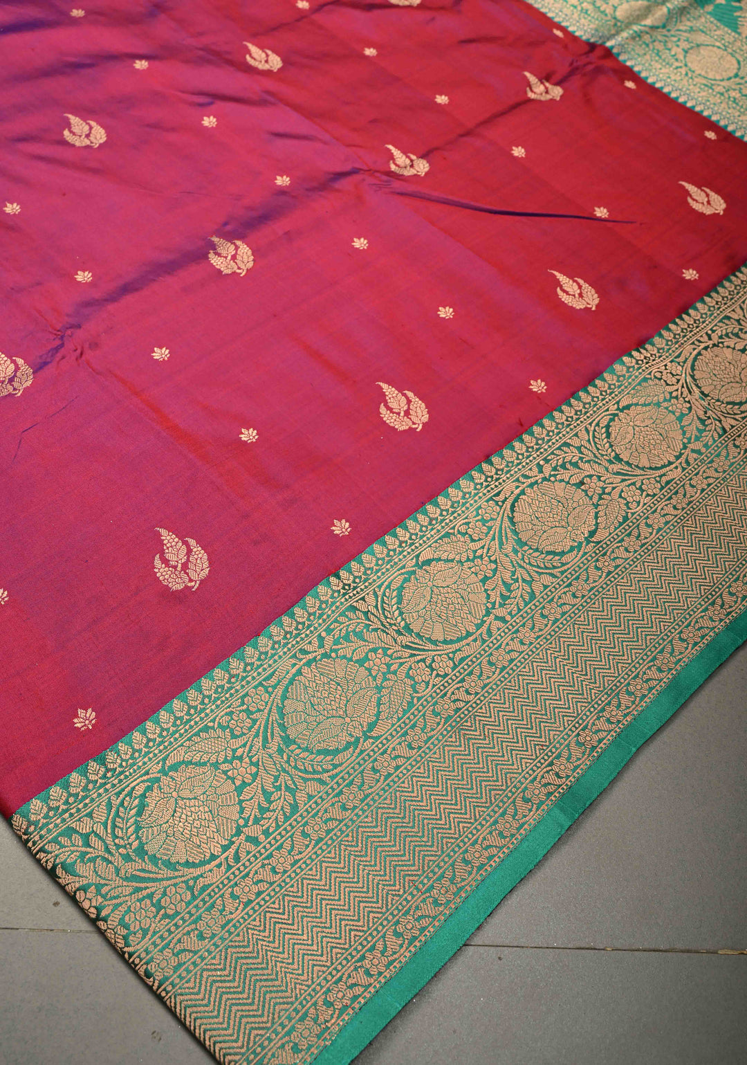 Red-Purple Dual Tone Banarasi Katan Silk Saree with Floral Zari Buttas and Contrast Zari Border | SILK MARK CERTIFIED | SHOBITAM