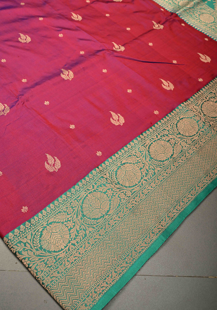 Red-Purple Dual Tone Banarasi Katan Silk Saree with Floral Zari Buttas and Contrast Zari Border | SILK MARK CERTIFIED | SHOBITAM