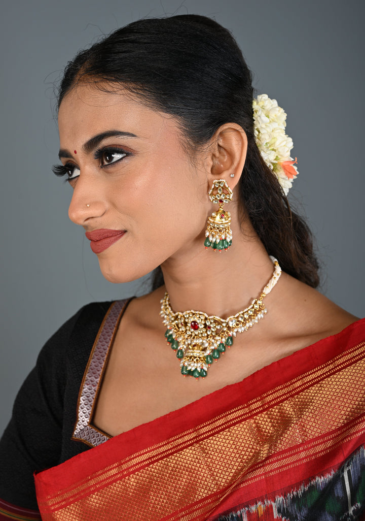 Ahmedabadi kundan multistrand necklace set with Floral Pendant and sage green dangling beads and pearls