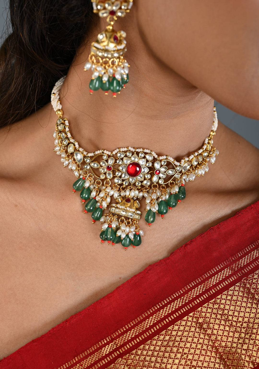 Ahmedabadi kundan multistrand necklace set with Floral Pendant and sage green dangling beads and pearls