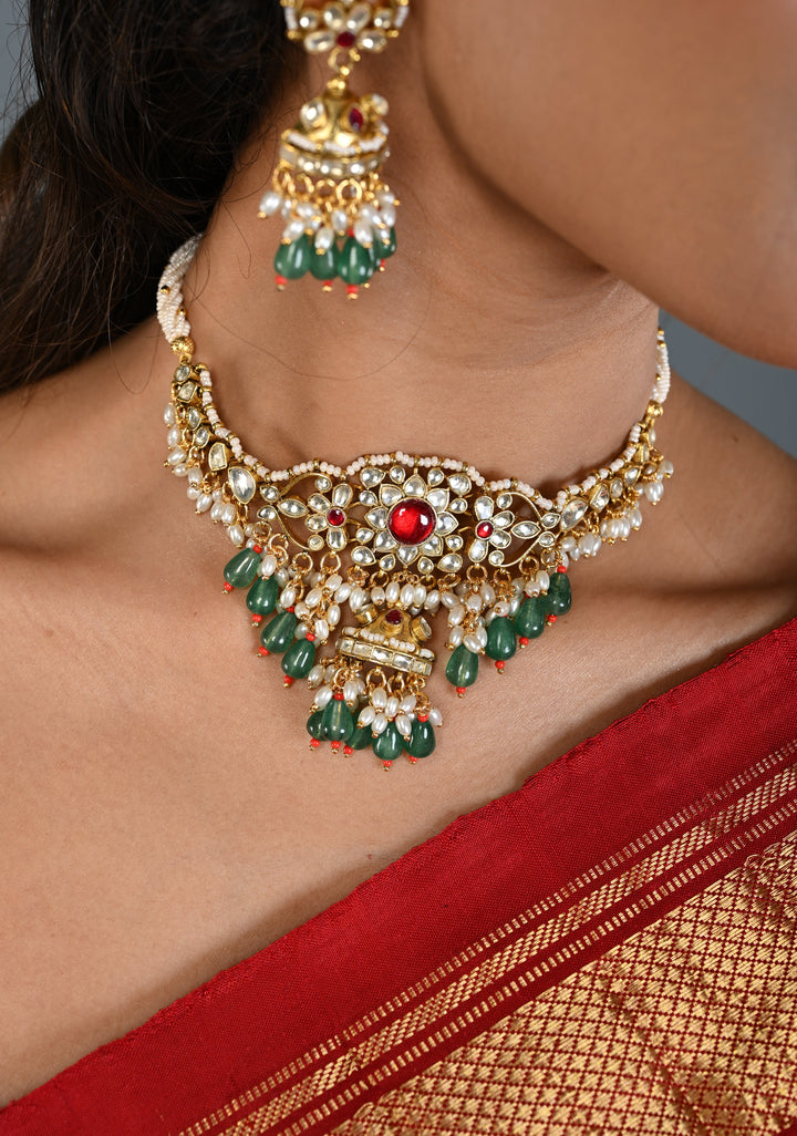 Ahmedabadi kundan multistrand necklace set with Floral Pendant and sage green dangling beads and pearls