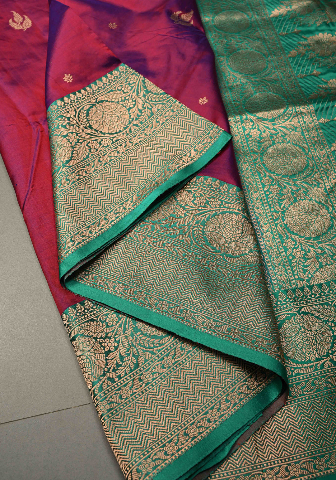 Red-Purple Dual Tone Banarasi Katan Silk Saree with Floral Zari Buttas and Contrast Zari Border | SILK MARK CERTIFIED | SHOBITAM