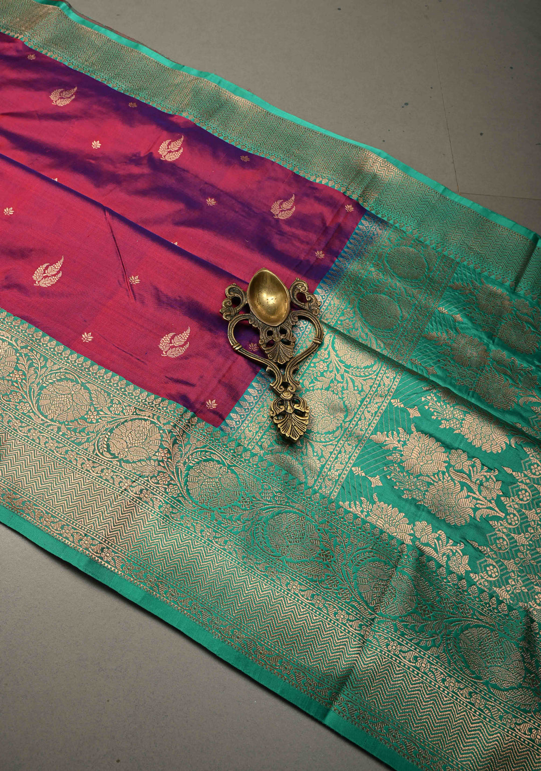 Red-Purple Dual Tone Banarasi Katan Silk Saree with Floral Zari Buttas and Contrast Zari Border | SILK MARK CERTIFIED | SHOBITAM