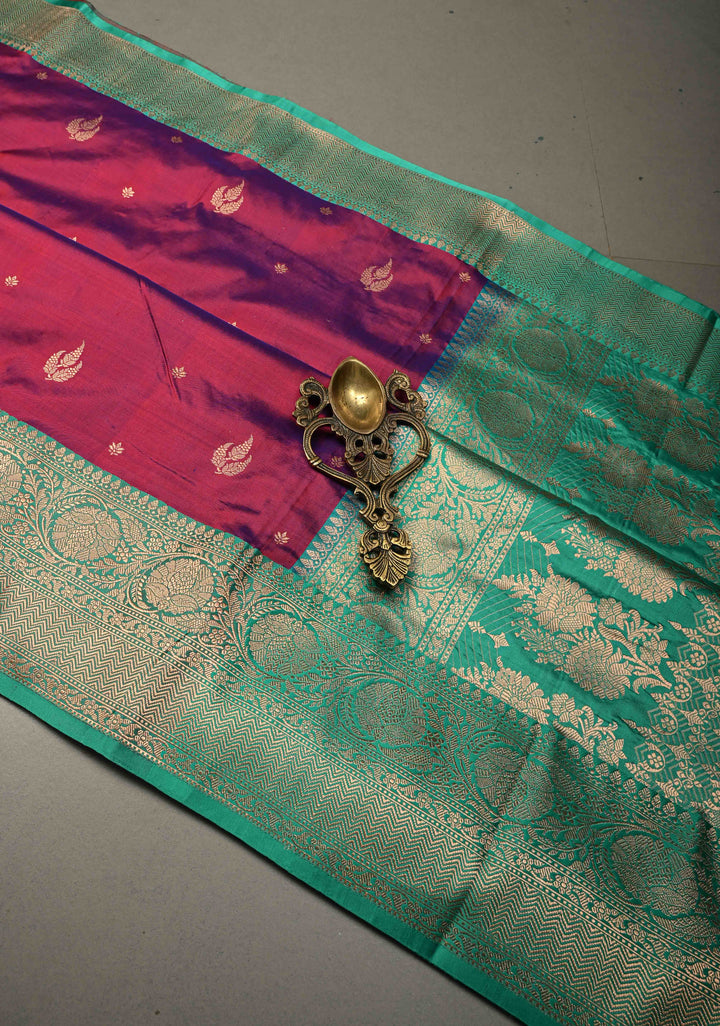 Red-Purple Dual Tone Banarasi Katan Silk Saree with Floral Zari Buttas and Contrast Zari Border | SILK MARK CERTIFIED | SHOBITAM