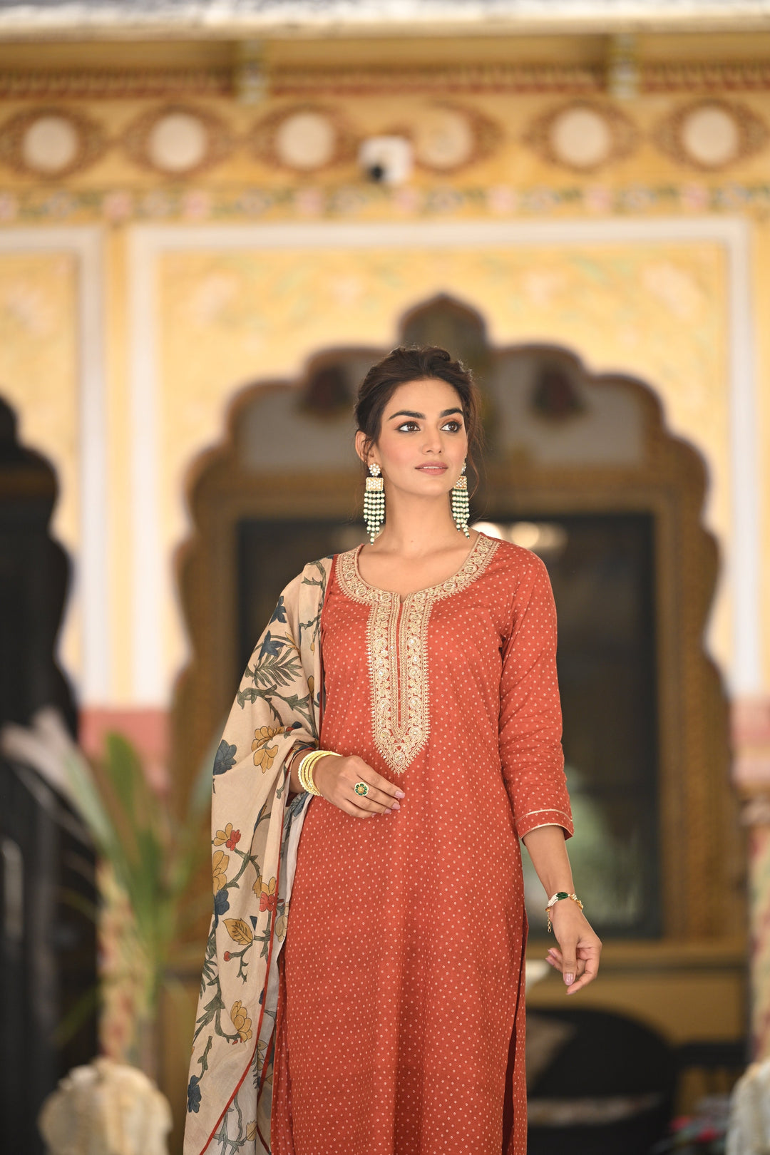 Izra Kalamkari Dupatta with Tari Sequence and Marodi Work on Neck Cotton Suit Set- SET OF-3 | SHOBITAM