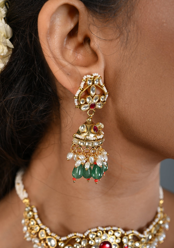Ahmedabadi kundan multistrand necklace set with Floral Pendant and sage green dangling beads and pearls