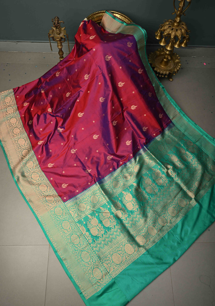 Red-Purple Dual Tone Banarasi Katan Silk Saree with Floral Zari Buttas and Contrast Zari Border | SILK MARK CERTIFIED | SHOBITAM