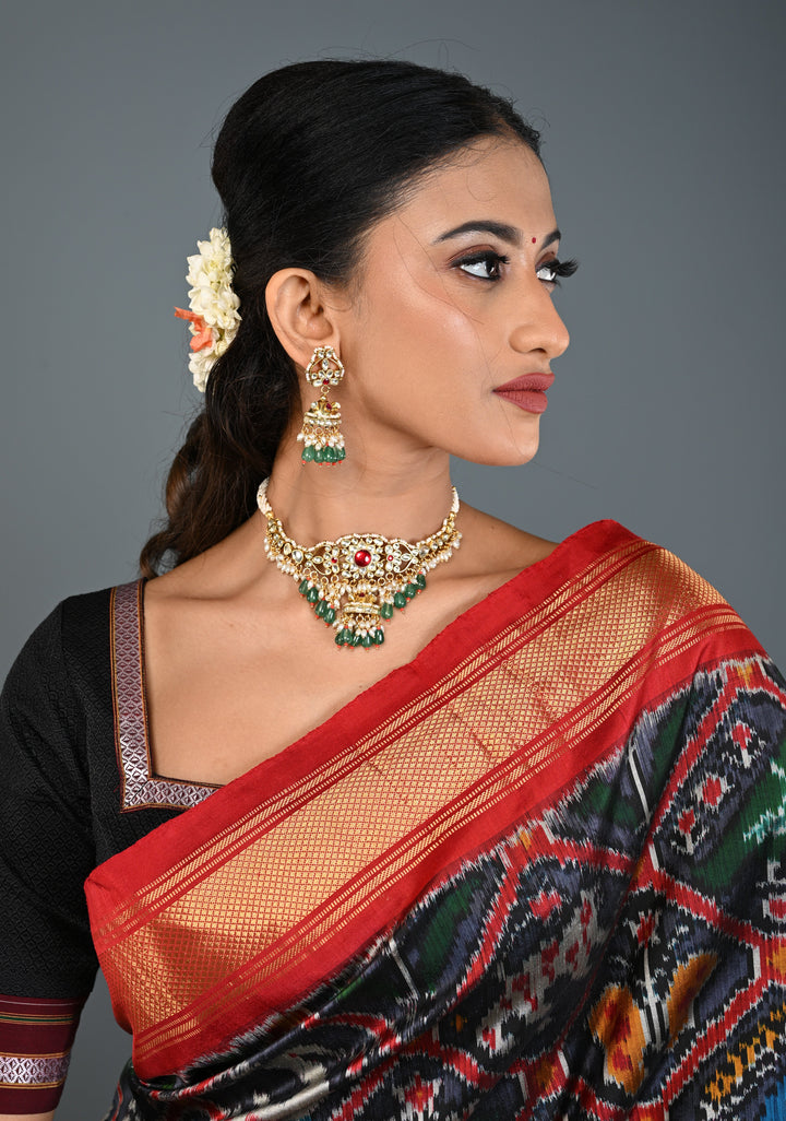 Ahmedabadi kundan multistrand necklace set with Floral Pendant and sage green dangling beads and pearls