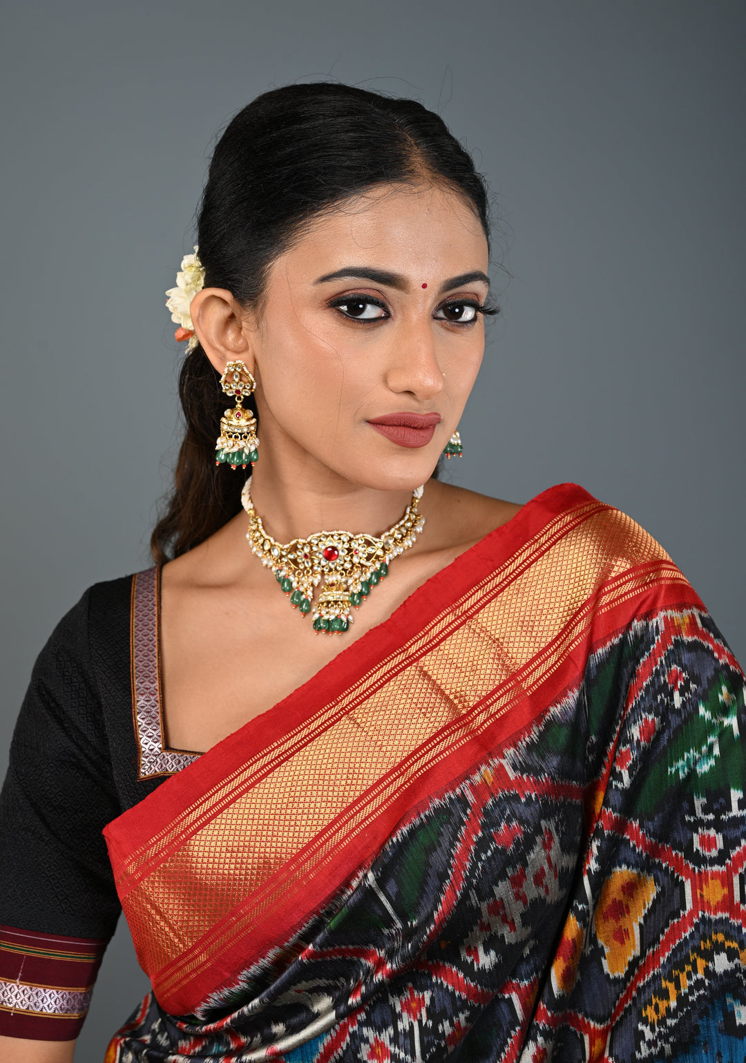 Ahmedabadi kundan multistrand necklace set with Floral Pendant and sage green dangling beads and pearls