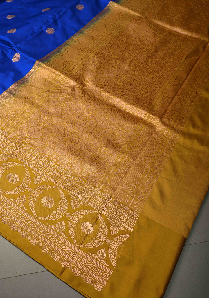 Sapphire Blue Banarasi Katan Silk Saree with Floral Zari Buttas and Contrast Zari Border | SILK MARK CERTIFIED | SHOBITAM
