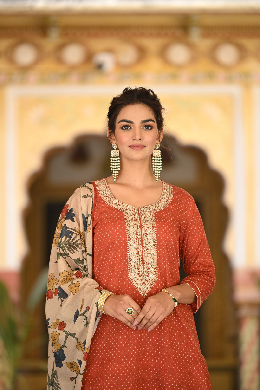 Izra Kalamkari Dupatta with Tari Sequence and Marodi Work on Neck Cotton Suit Set- SET OF-3 | SHOBITAM