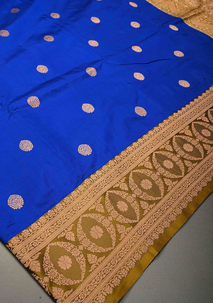 Sapphire Blue Banarasi Katan Silk Saree with Floral Zari Buttas and Contrast Zari Border | SILK MARK CERTIFIED | SHOBITAM