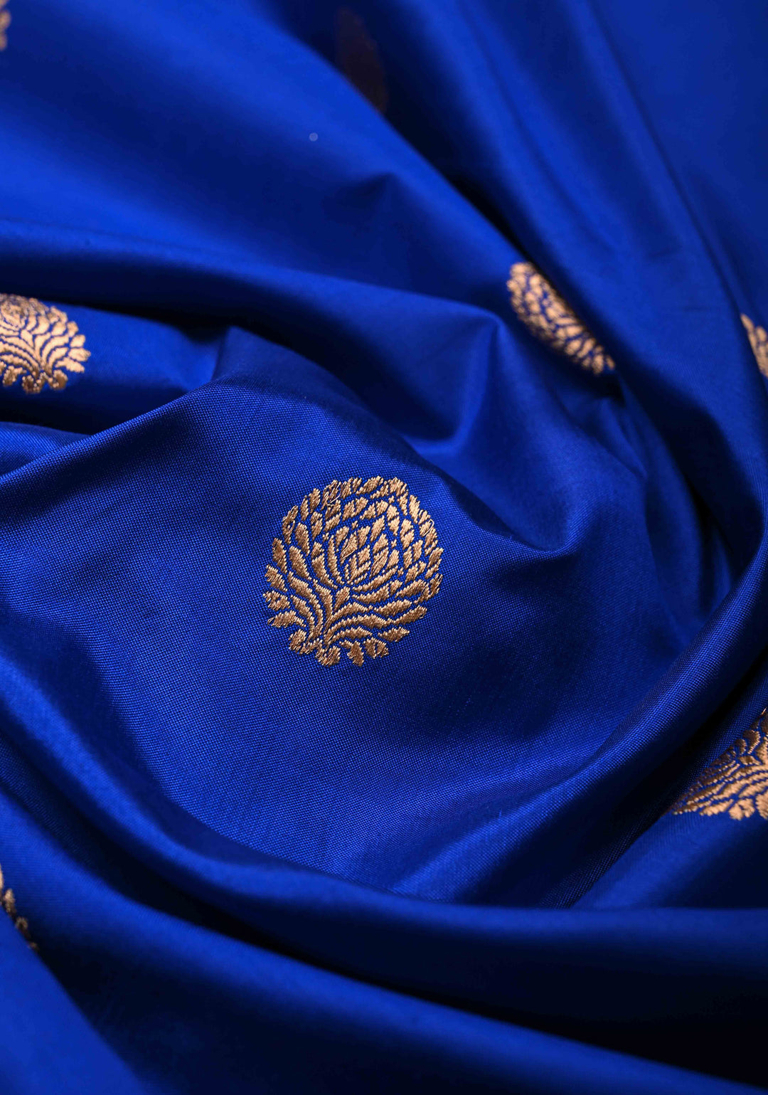 Sapphire Blue Banarasi Katan Silk Saree with Floral Zari Buttas and Contrast Zari Border | SILK MARK CERTIFIED | SHOBITAM