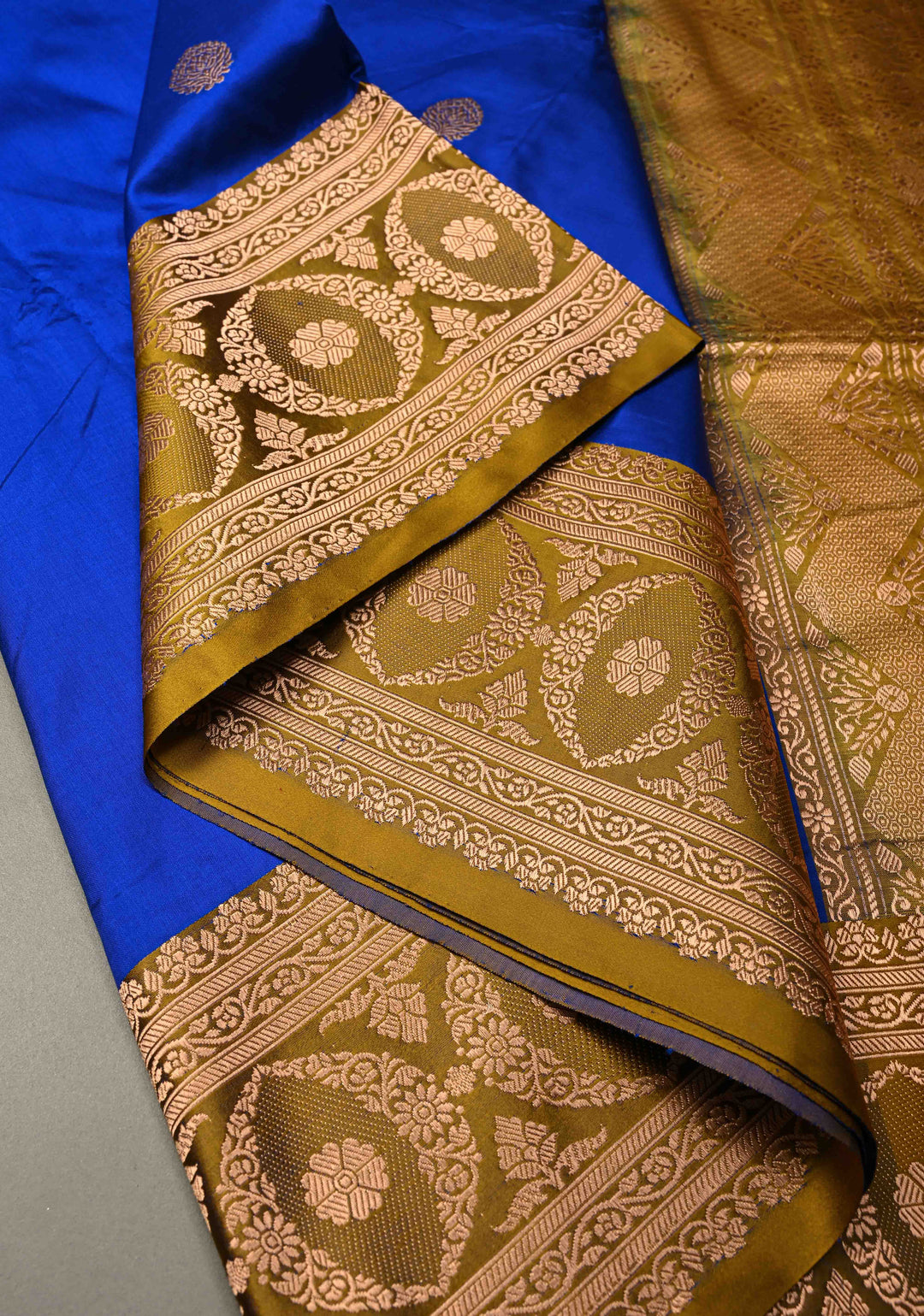Sapphire Blue Banarasi Katan Silk Saree with Floral Zari Buttas and Contrast Zari Border | SILK MARK CERTIFIED | SHOBITAM