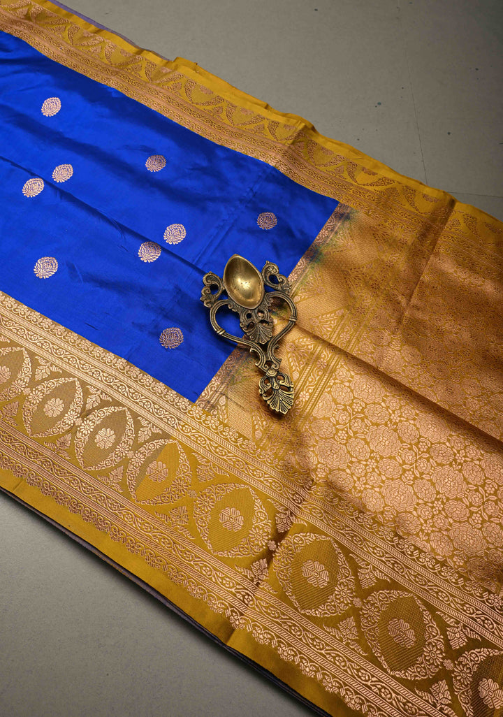 Sapphire Blue Banarasi Katan Silk Saree with Floral Zari Buttas and Contrast Zari Border | SILK MARK CERTIFIED | SHOBITAM