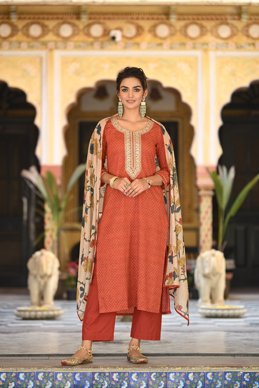 Izra Kalamkari Dupatta with Tari Sequence and Marodi Work on Neck Cotton Suit Set- SET OF-3 | SHOBITAM