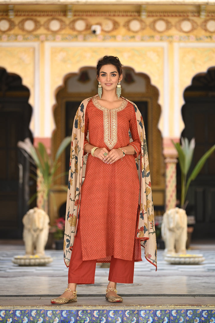 Izra Kalamkari Dupatta with Tari Sequence and Marodi Work on Neck Cotton Suit Set- SET OF-3 | SHOBITAM
