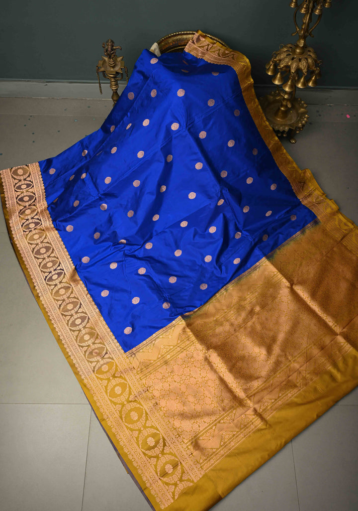 Sapphire Blue Banarasi Katan Silk Saree with Floral Zari Buttas and Contrast Zari Border | SILK MARK CERTIFIED | SHOBITAM