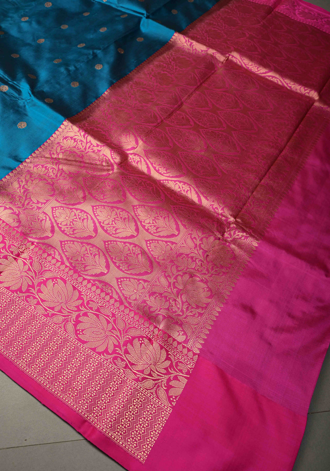 Blue Banarasi Katan Silk Saree with Floral Zari Buttas and Contrast Zari Border | SILK MARK CERTIFIED | SHOBITAM