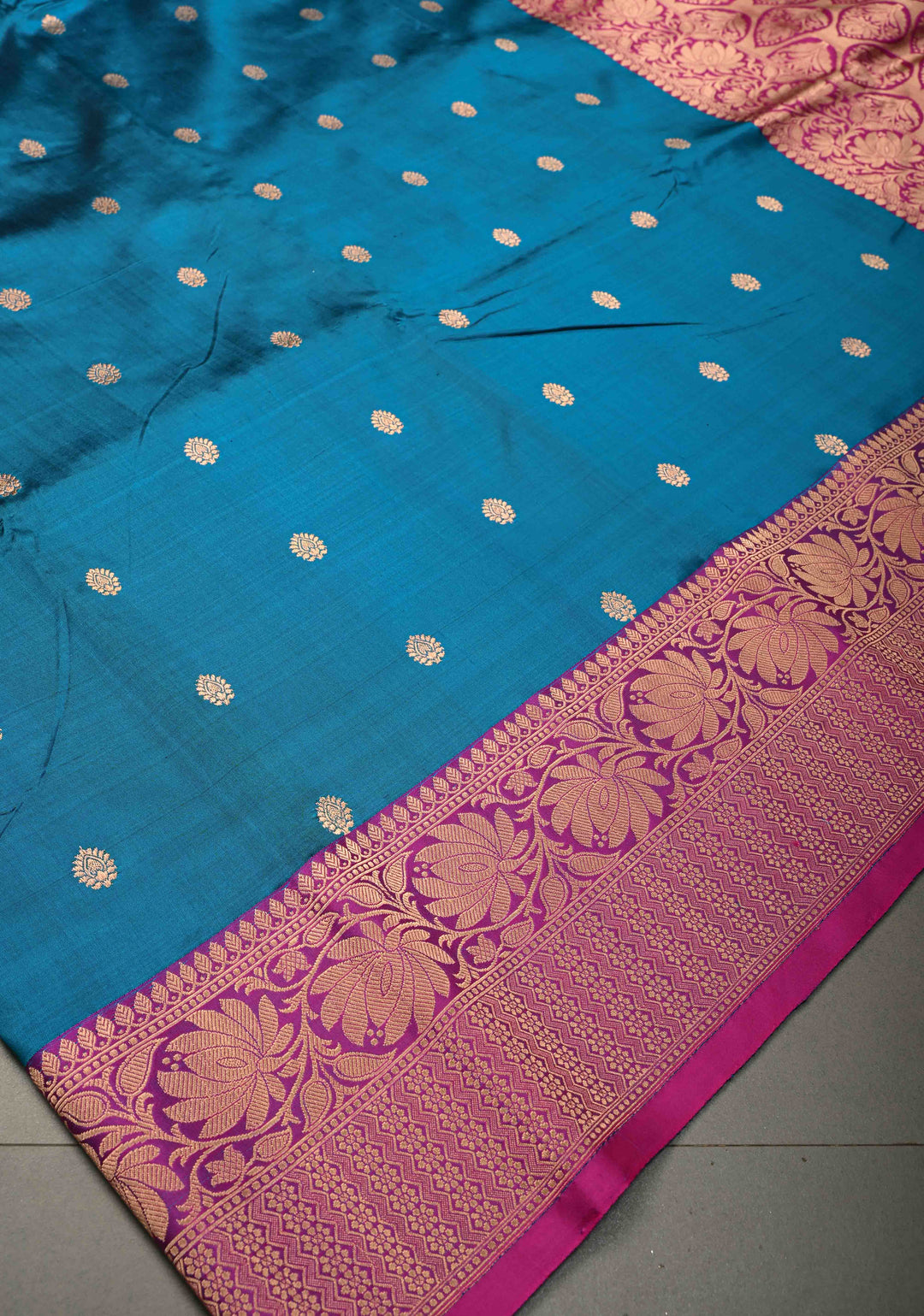 Blue Banarasi Katan Silk Saree with Floral Zari Buttas and Contrast Zari Border | SILK MARK CERTIFIED | SHOBITAM