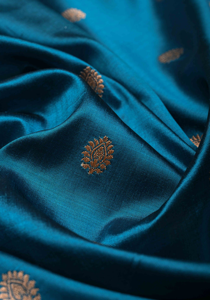 Blue Banarasi Katan Silk Saree with Floral Zari Buttas and Contrast Zari Border | SILK MARK CERTIFIED | SHOBITAM