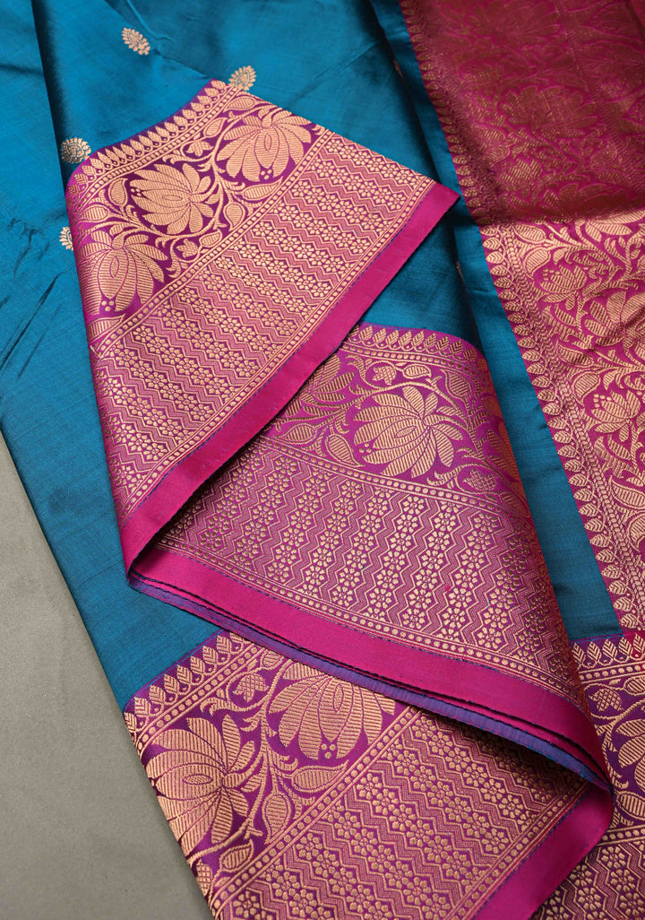 Blue Banarasi Katan Silk Saree with Floral Zari Buttas and Contrast Zari Border | SILK MARK CERTIFIED | SHOBITAM