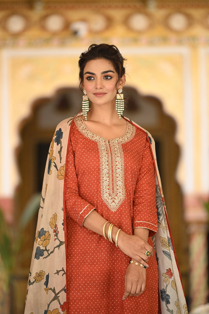 Izra Kalamkari Dupatta with Tari Sequence and Marodi Work on Neck Cotton Suit Set- SET OF-3 | SHOBITAM