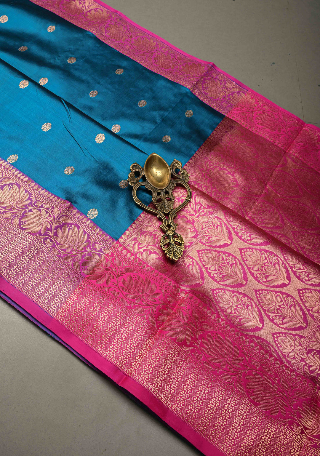 Blue Banarasi Katan Silk Saree with Floral Zari Buttas and Contrast Zari Border | SILK MARK CERTIFIED | SHOBITAM