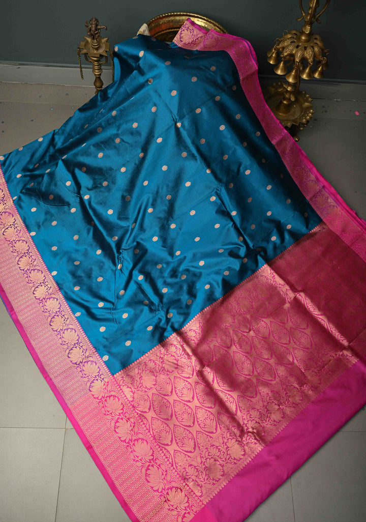 Blue Banarasi Katan Silk Saree with Floral Zari Buttas and Contrast Zari Border | SILK MARK CERTIFIED | SHOBITAM