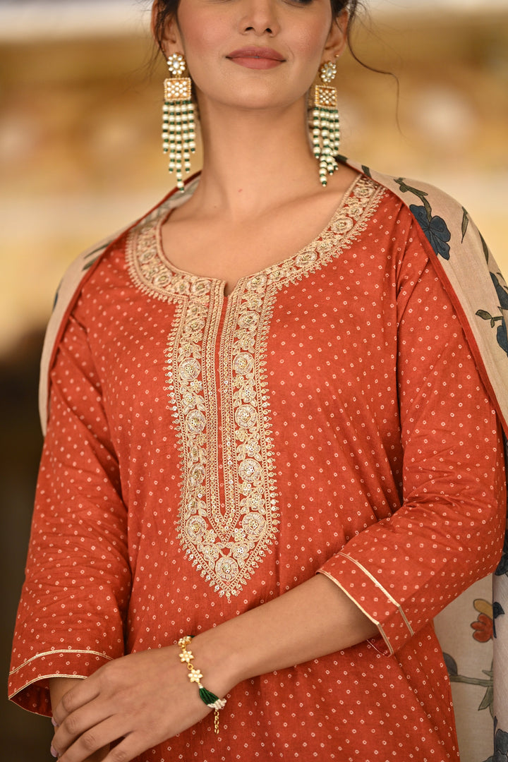 Izra Kalamkari Dupatta with Tari Sequence and Marodi Work on Neck Cotton Suit Set- SET OF-3 | SHOBITAM
