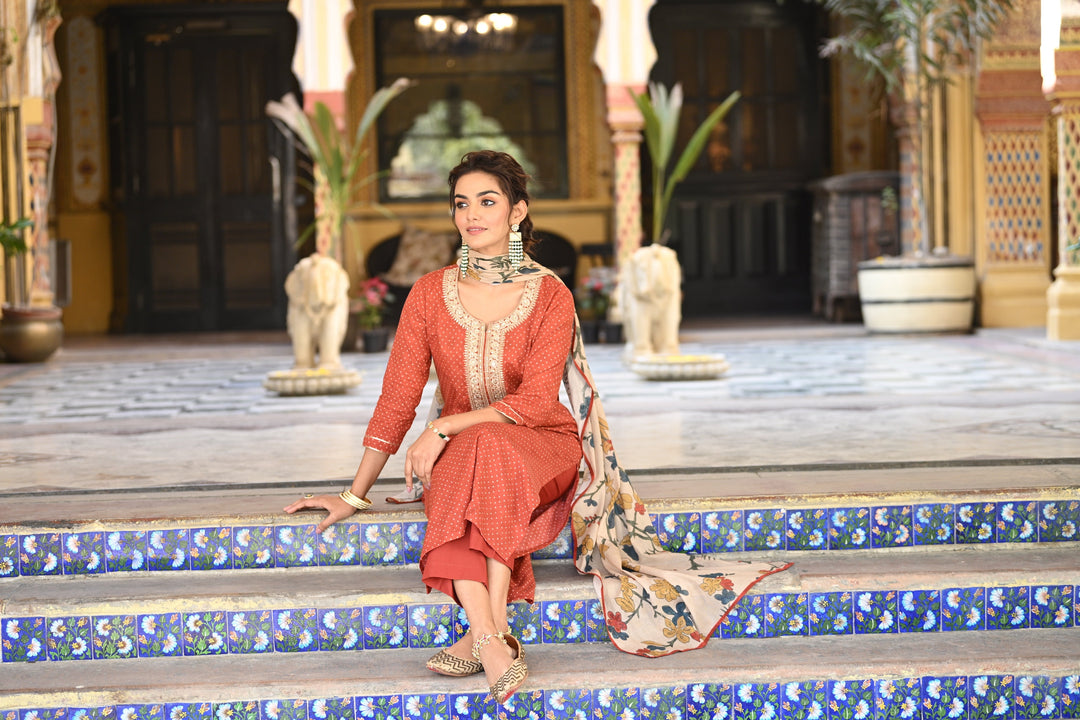 Izra Kalamkari Dupatta with Tari Sequence and Marodi Work on Neck Cotton Suit Set- SET OF-3 | SHOBITAM