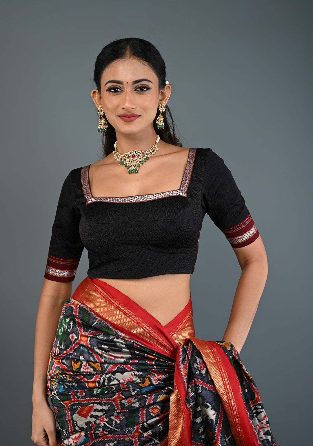 Black Khana Silk Blouse with Square-Neck and Quarter Sleeves, Customizable, Made to Order | SHOBITAM