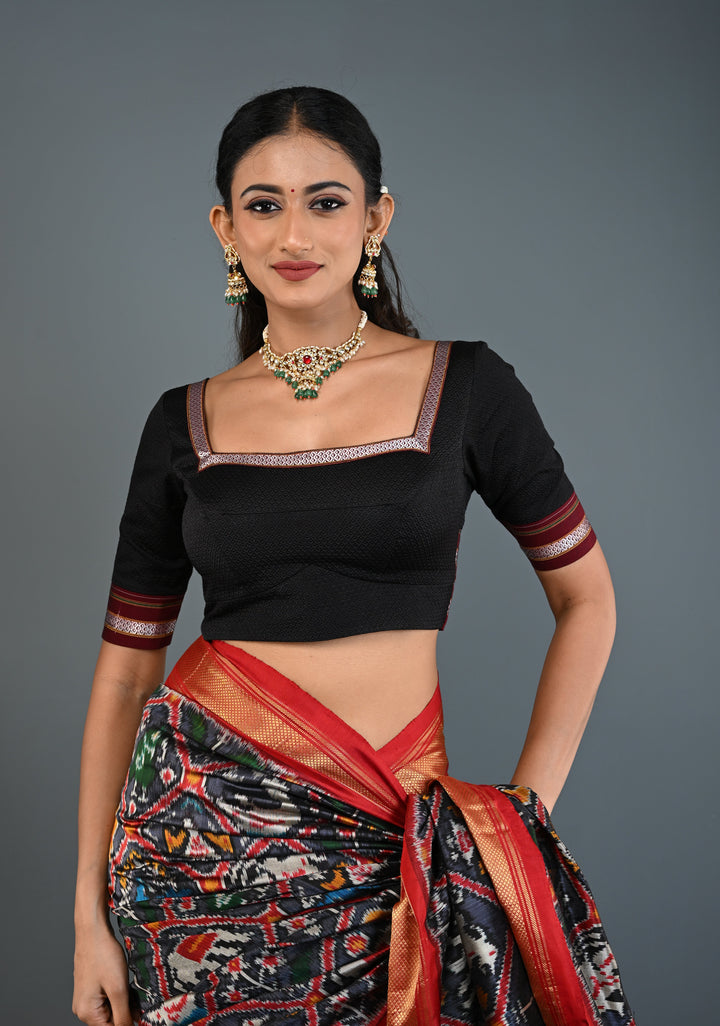 Black Khana Silk Blouse with Square-Neck and Quarter Sleeves, Customizable, Made to Order | SHOBITAM