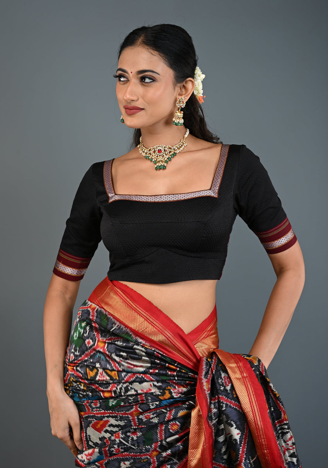 Black Khana Silk Blouse with Square-Neck and Quarter Sleeves, Customizable, Made to Order | SHOBITAM