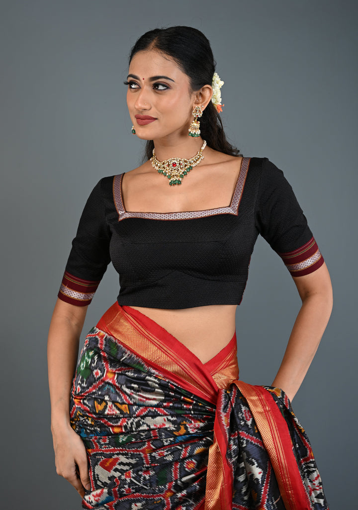 Black Khana Silk Blouse with Square-Neck and Quarter Sleeves, Customizable, Made to Order | SHOBITAM