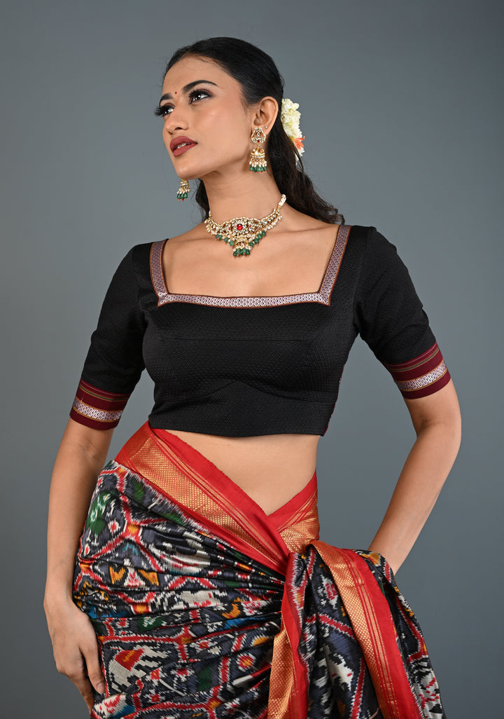Black Khana Silk Blouse with Square-Neck and Quarter Sleeves, Customizable, Made to Order | SHOBITAM