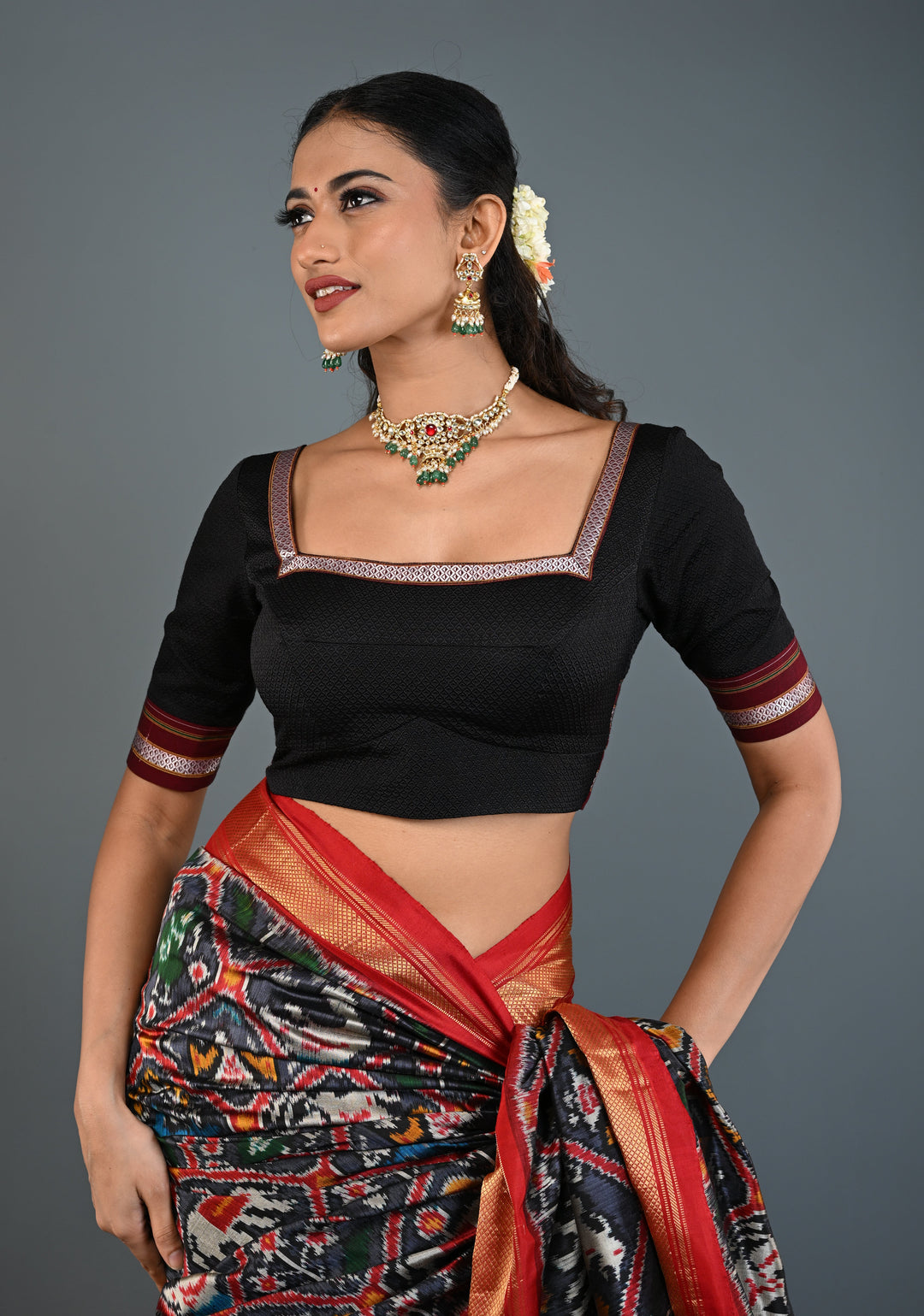 Black Khana Silk Blouse with Square-Neck and Quarter Sleeves, Customizable, Made to Order | SHOBITAM