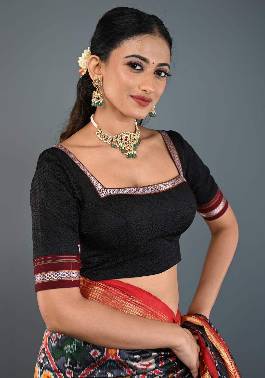 Black Khana Silk Blouse with Square-Neck and Quarter Sleeves, Customizable, Made to Order | SHOBITAM