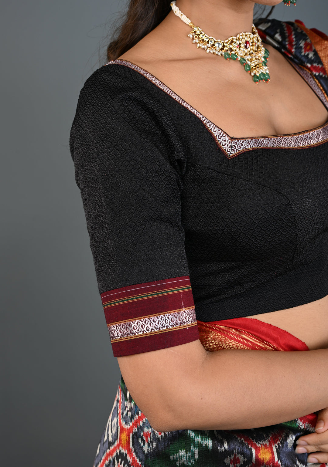 Black Khana Silk Blouse with Square-Neck and Quarter Sleeves, Customizable, Made to Order | SHOBITAM