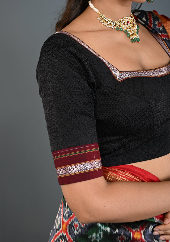 Black Khana Silk Blouse with Square-Neck and Quarter Sleeves, Customizable, Made to Order | SHOBITAM