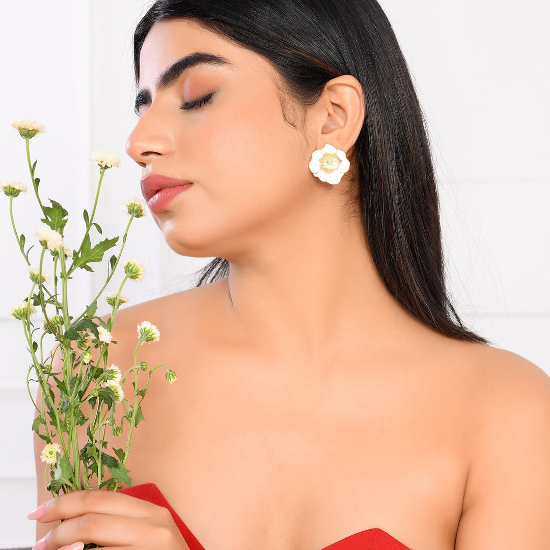 Flower Fantasy White Popi Flower Ear Studs  | SHOBITAM
