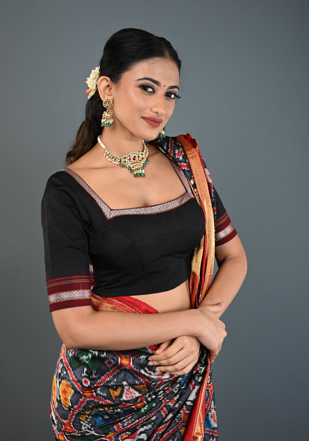 Black Khana Silk Blouse with Square-Neck and Quarter Sleeves, Customizable, Made to Order | SHOBITAM