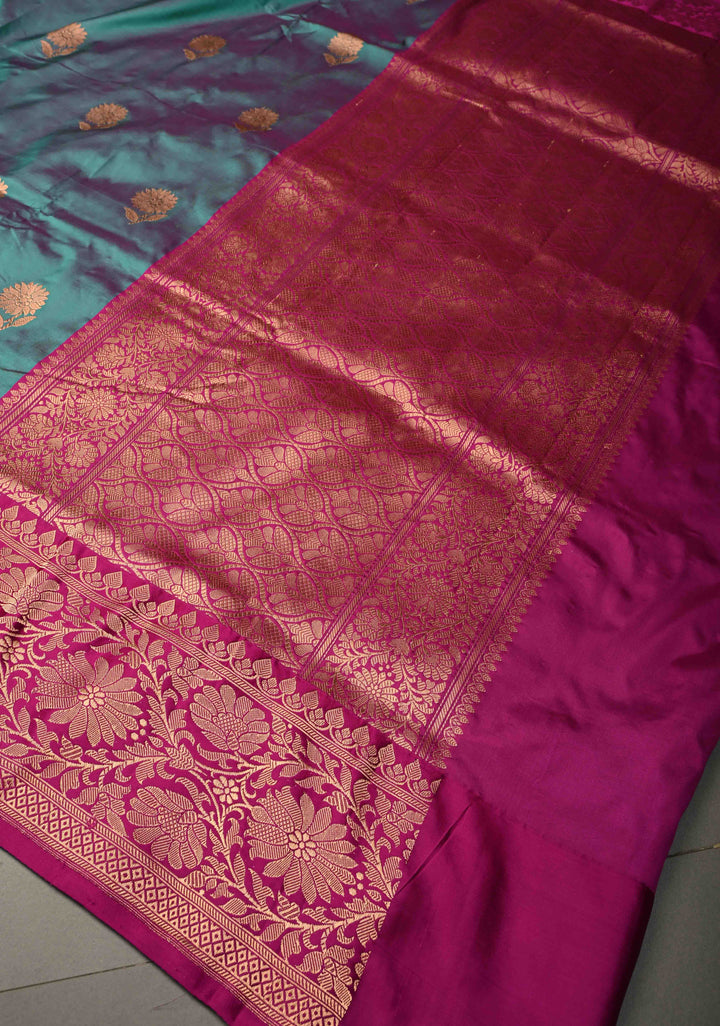 Green-Purple Dual Tone Banarasi Katan Silk Saree with Antique Floral Zari Buttas and Contrast Zari Border | SILK MARK CERTIFIED | SHOBITAM