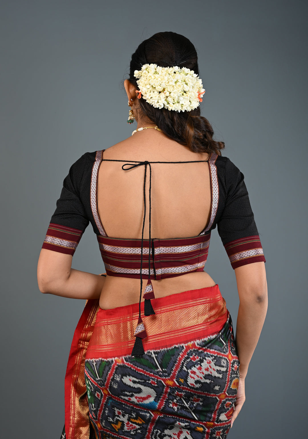 Black Khana Silk Blouse with Square-Neck and Quarter Sleeves, Customizable, Made to Order | SHOBITAM