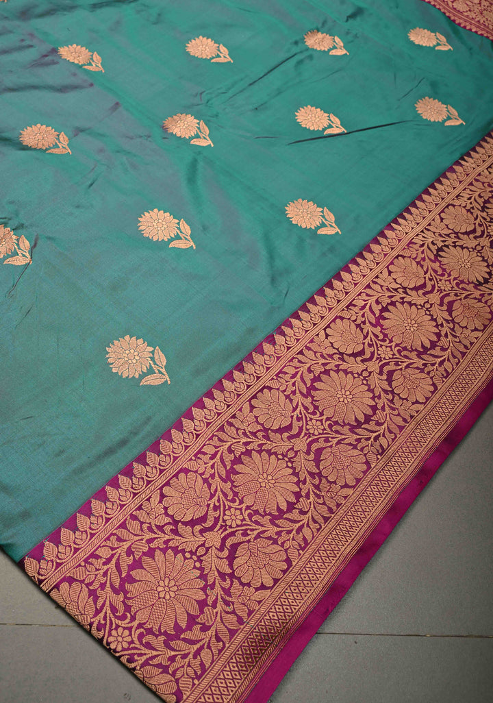 Green-Purple Dual Tone Banarasi Katan Silk Saree with Antique Floral Zari Buttas and Contrast Zari Border | SILK MARK CERTIFIED | SHOBITAM